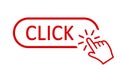 Click here button with hand pointer clicking. Click here web button. Isolated website buy or register bar icon with hand finger Royalty Free Stock Photo